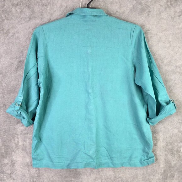 Womens Bridgewater Studios Teal 100% Linen Shirt Button Up Roll Tab Sleeves 20W - Picture 5 of 8